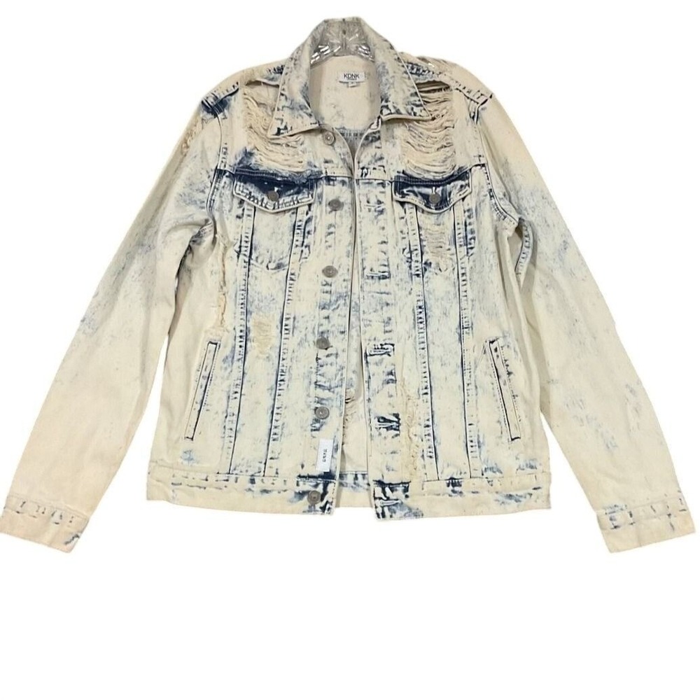 KDNK Denim Jacket Sz Sm Cream Blue Acid Wash Grunge Distressed Streetwear